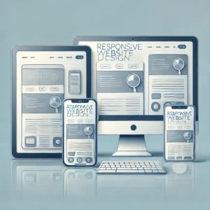 Responsive design showcasing websites on mobile, tablet, and desktop.